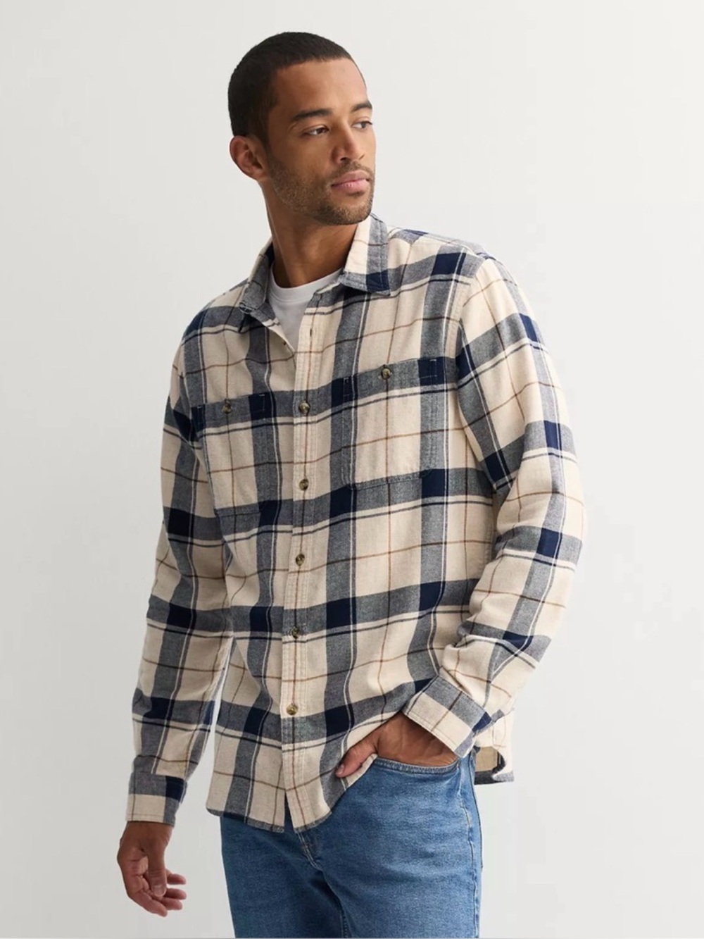 NWOT Sonoma Cream & Navy Plaid Button-Down Shirt